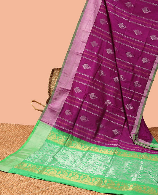 Purple kuppadam cotton saree with buttas, plain border & contrast pallu of intricate designs
