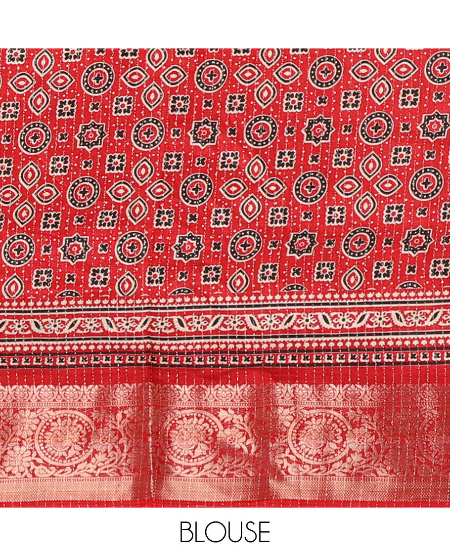 Cream vertical zari striped dola silksaree,contrast red traditional zari border & intricately Ajrakh-style printed pallu
