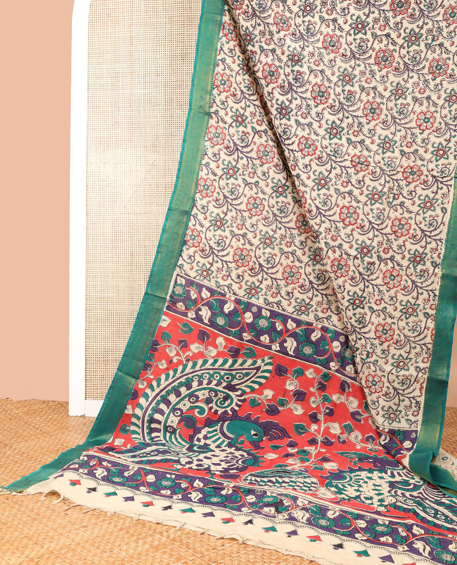 Cream floral vine design machine-printed kalamkari cotton saree with contrast zari design border & animal motifs pallu