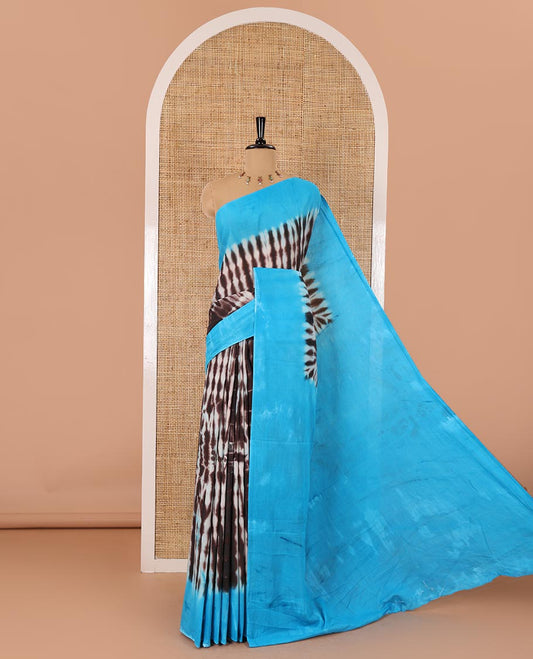 Brown shibori printed pure cotton saree, contrast plain border, plain pallu, and contrast plain blouse