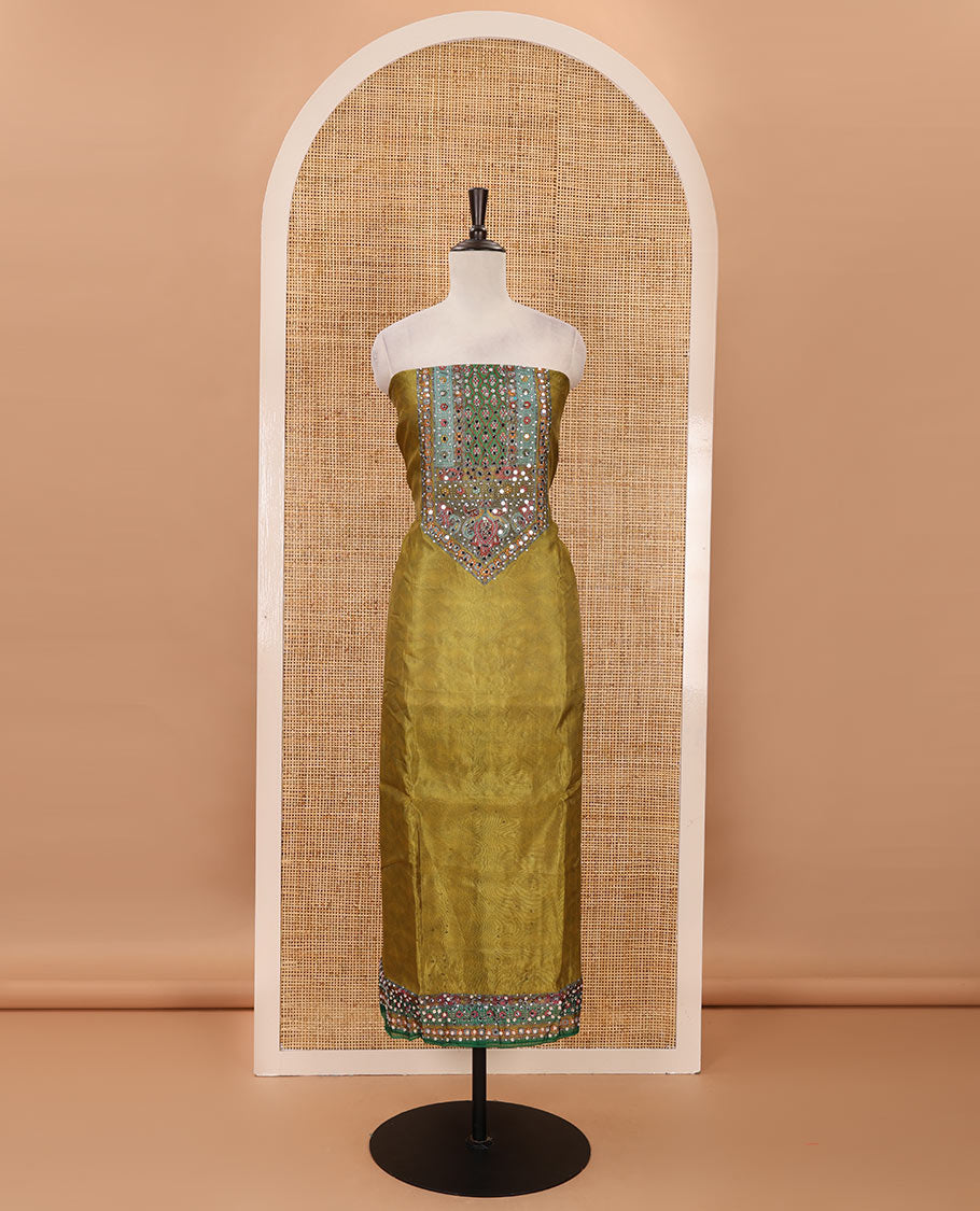 Green organza material chudidar set, Ajrakh printed,stone & mirror work top, santoon bottom & dupatta of floral print & mirror work