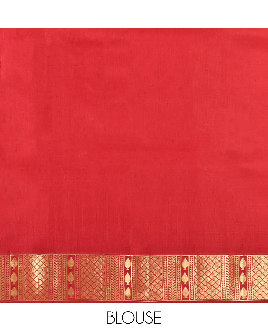 Red Vasundhara Silk Saree, Elevated with Zari Buttas, Scallop Traditional Zari Border, Jaal Pallu, and a Matching Blouse