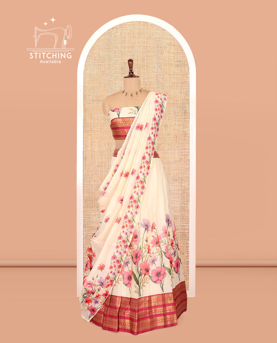 Cream-Rani Pink Semi-Silk Half-Saree Features Floral-Printed Skirt, a Contrast Traditional Border, a Matching Blouse, a Floral Dhavani