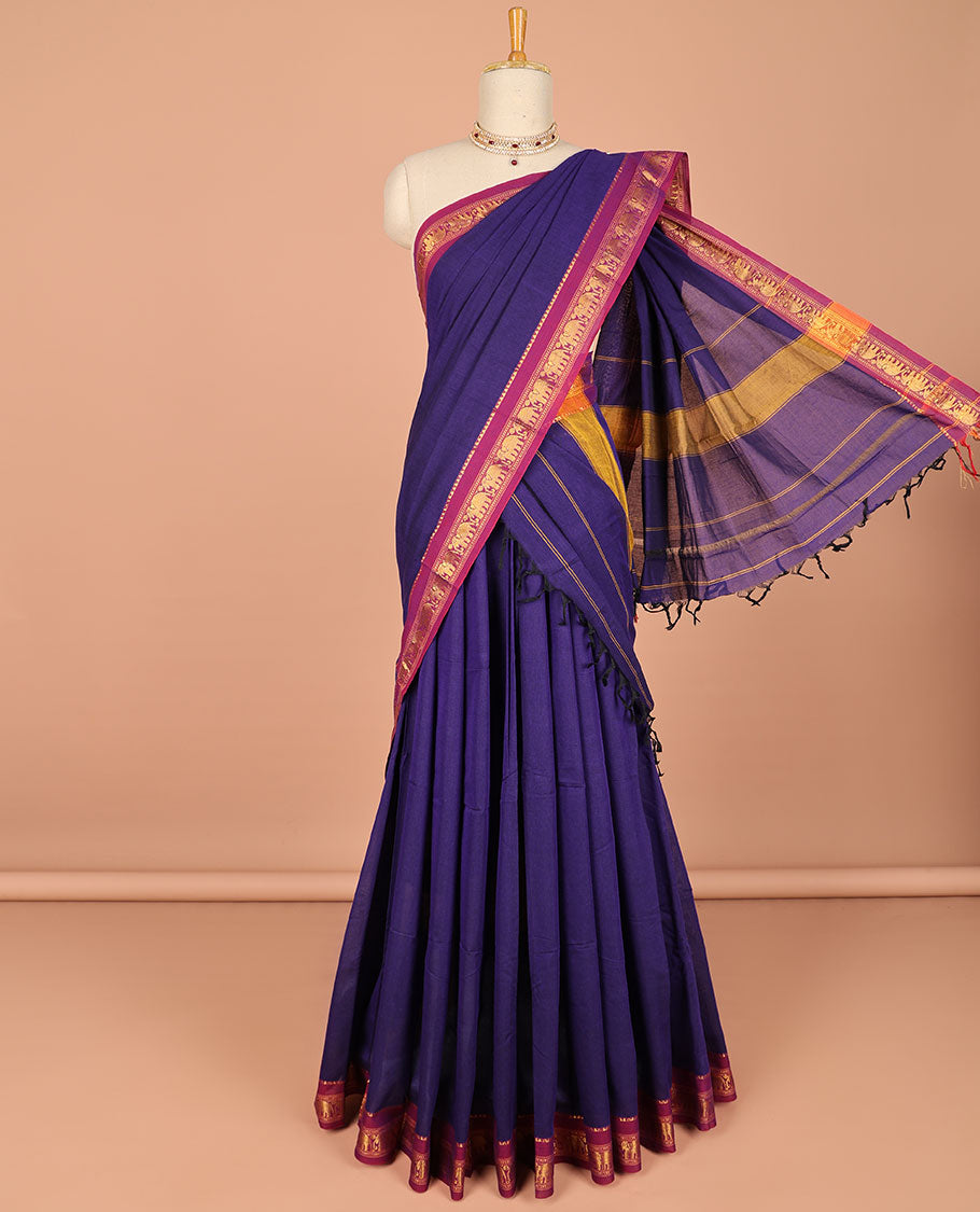 Purple cotton half saree contrast zari border with plain blouse & plain dhavani with contrast elephant zari border