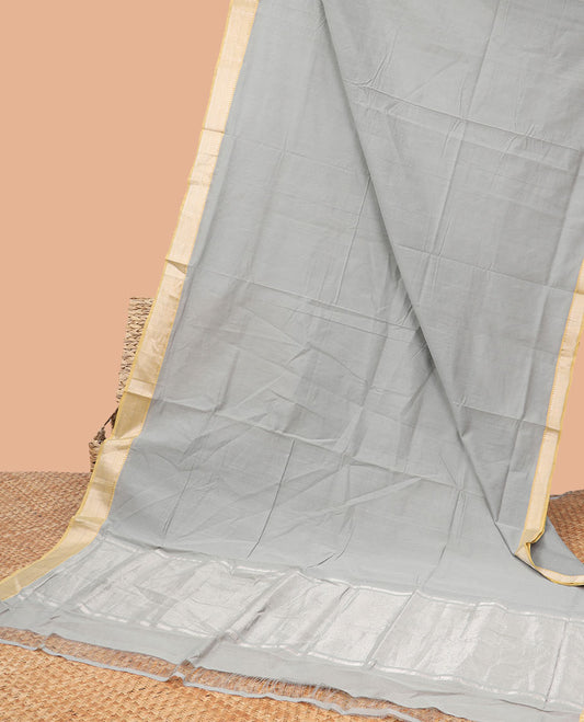 Grey mangalagiri cotton saree with contrast striped, temple border & striped pallu