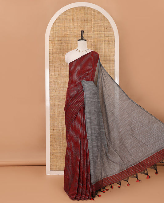 Borderless maroon vertically striped khadi cotton saree, contrast grey plain pallu & matching plain blouse