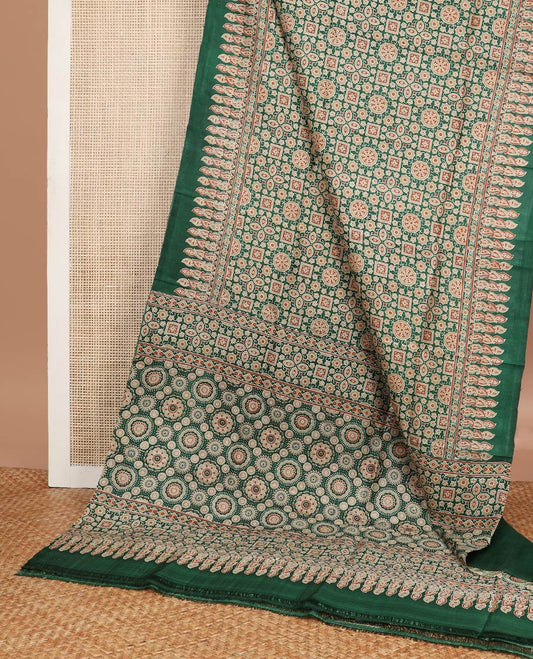 Green ajrak printed silk saree with self design border & ajrak design pallu