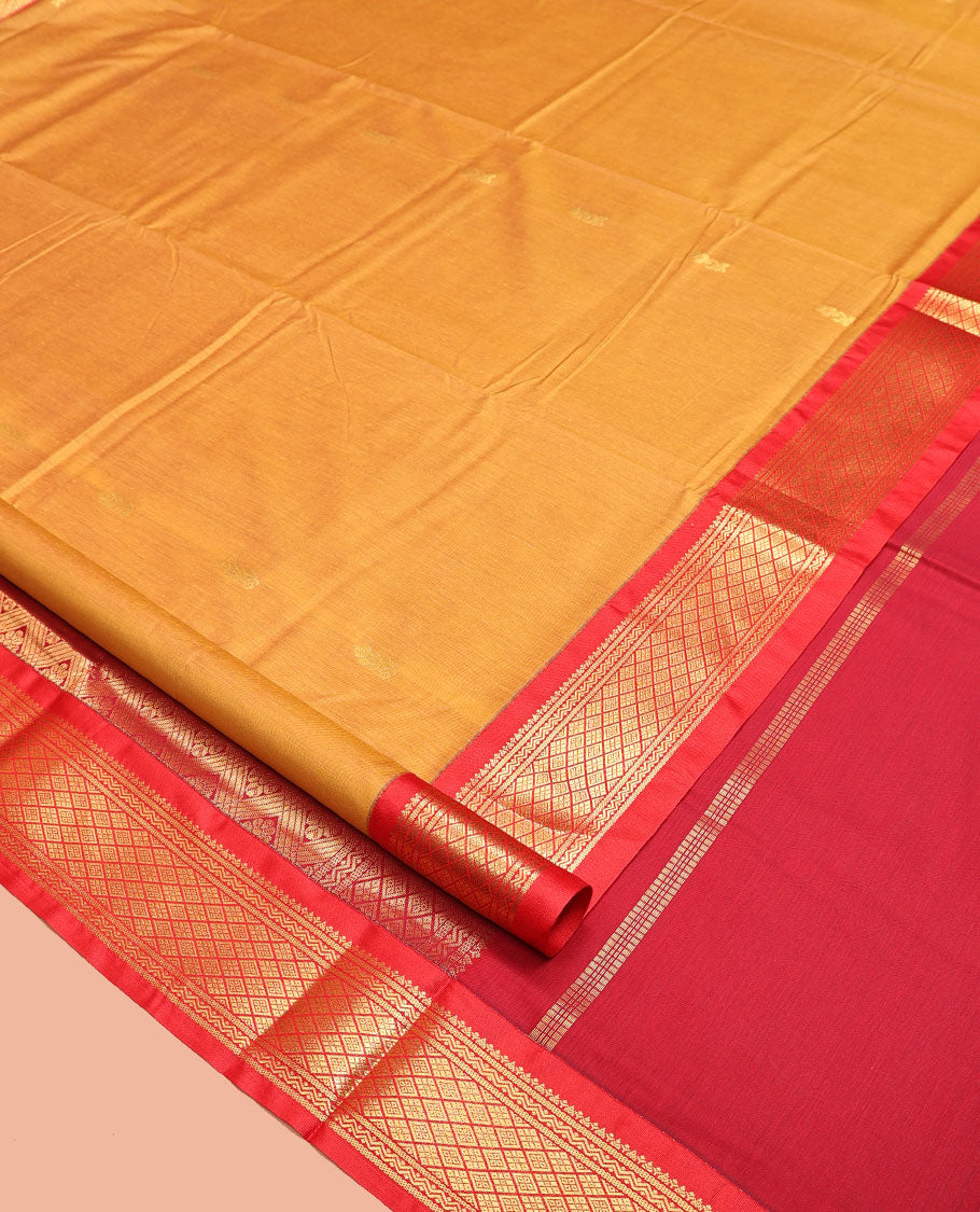 Yellow Nine-Yard Art Silk Saree, Graced with Buttas All Over Its Body, Complemented by a Contrast Traditional Zari Design Border, Gand Jaal Design Pallu, and Comes Without a Blouse