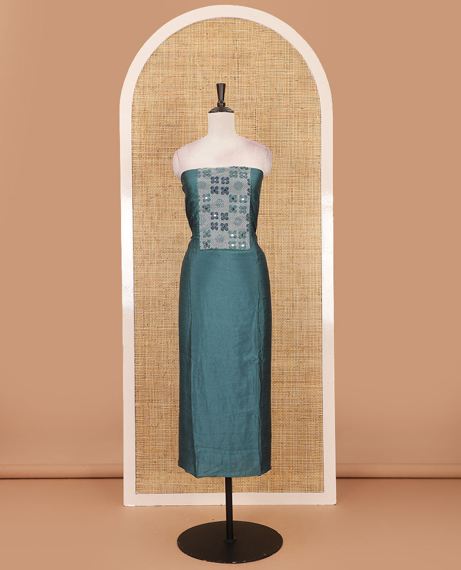 Dusky green Vichitra silk material chudidar set, brasso print & mirror embroidered neck work top, santoon bottom & four-petal floral motifs printed dupatta