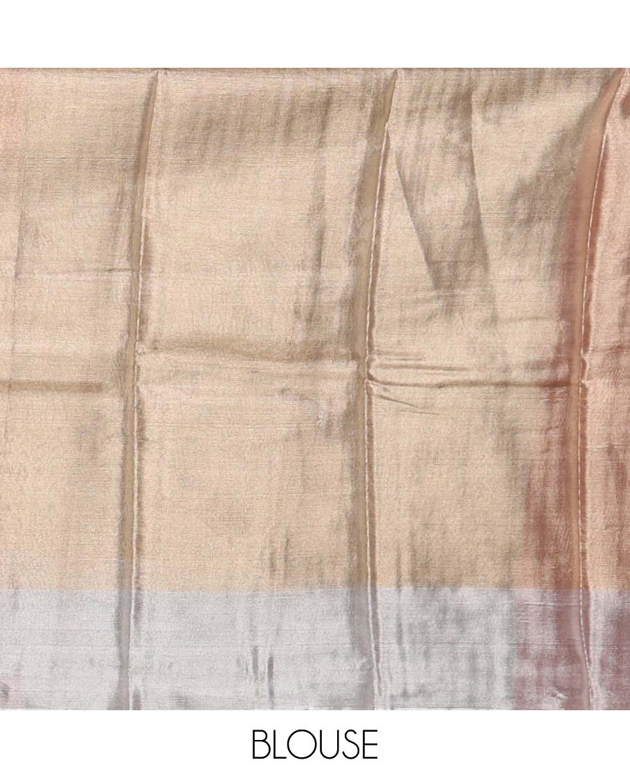 Rani pink plain tissue silk saree, silver zari bavanji border & contrast gleaming golden color plain blouse