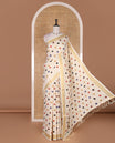 Cream multi-color polka dots printed Kerala tissue cotton saree, zari bavanji border, polka dots printed pallu, and small dots printed blouse