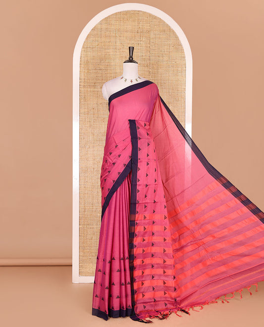 Pink triangle motifs mercerised cotton saree, contrast plain border, striped pallu, and matching triangle motifs blouse