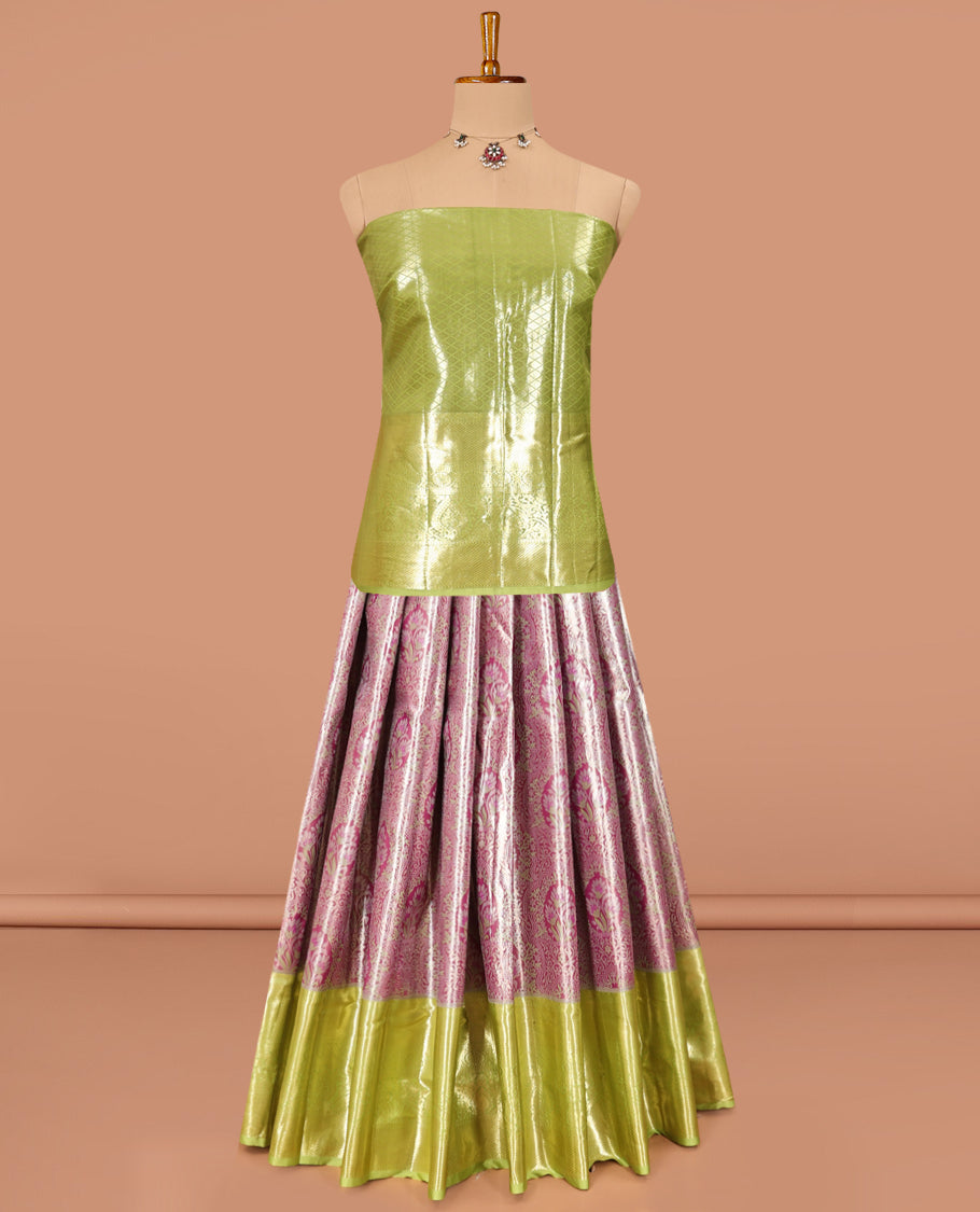 Rosewood Pink Art Silk Material Half Saree Set, Decked Up with Jacquard Design Skirt, a Contrast Traditional Design Border, Contrast Blouse, and an Intricate Dhavani