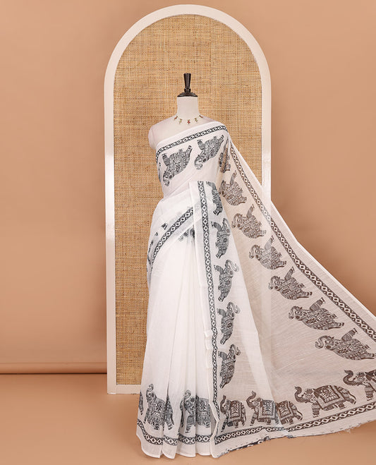 White full-plain linen cotton saree, elephant & diamond patterns printed border & pallu with contrast printed blouse