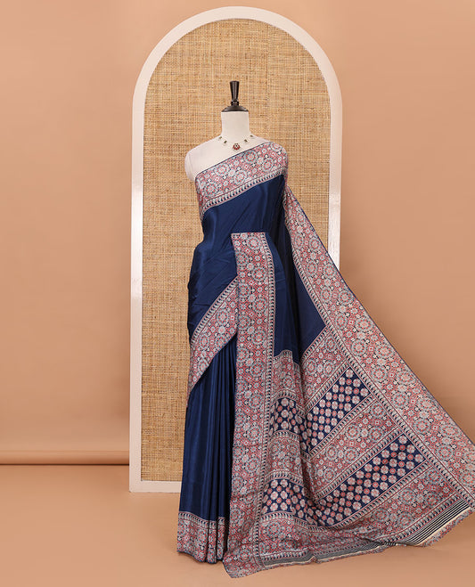 Navy blue plain design Turkey crepe saree, intricately Ajrakh-printed border, pallu & matching blouse