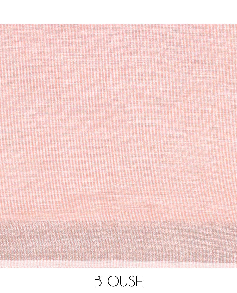 Orange Plain Linen-Cotton Saree, a Zari Border, Striped Pallu, and a Matching Blouse