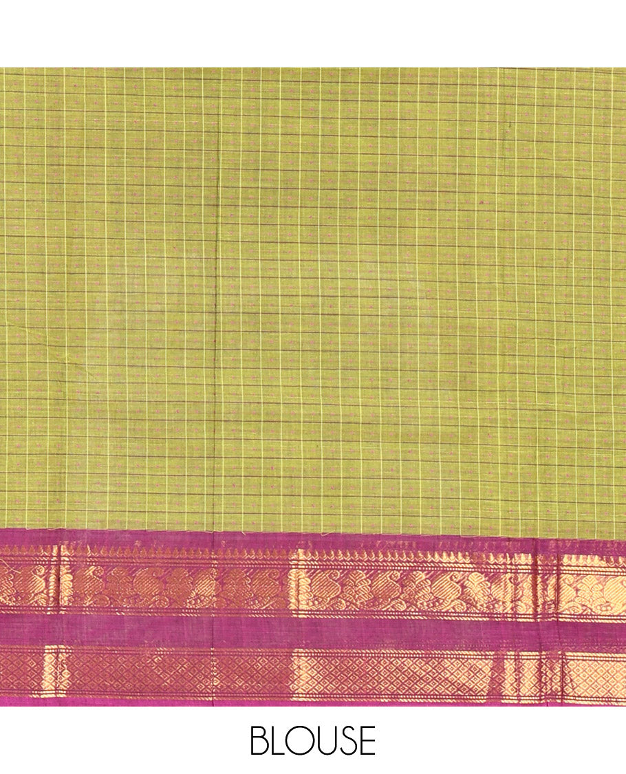 Olive Green Checked Chettinad Cotton Saree, Complemented by a Contrast Traditional Rettai Pettu Border, and a Matching Blouse
