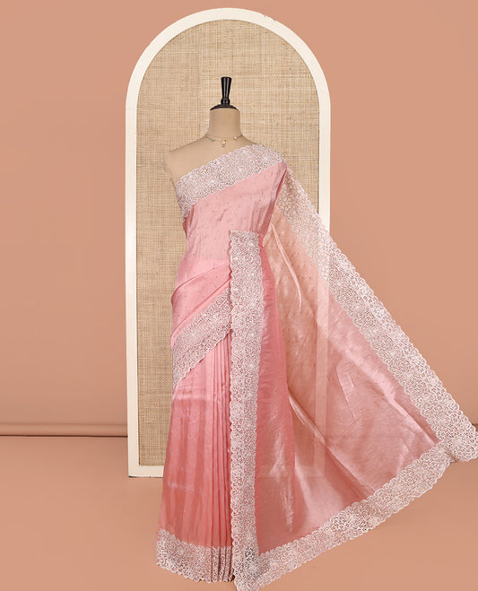 Pale Pink Designer Saree, Bedecked with Stonework, Scallop-Cut Work Border, Self Pallu, and Matching Blouse