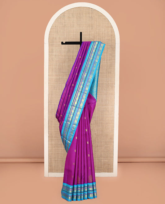 Rani Pink Kanchipuram Silk Saree, Enriched with Zari Buttas, Complemented by a Contrast One-Sided Korvai Border of Rekku, Banaras, Muthu, Kathir, and Poun Designs, Pallu of Horse Chariot Designs, and Comes Without a Blouse