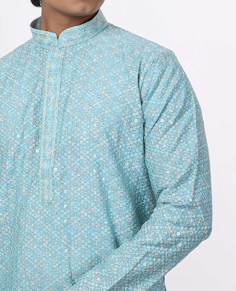 Light blue geometric embroidery with sequins work mandarin collar & full-sleeve long raw silk kurta