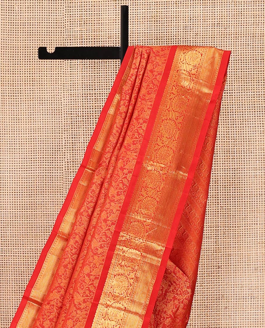 Rust Kanchipuram Wedding Silk Saree, Elevated with Jacquard Design On Its Body, Highlighted by Zari Border of Kodi Visiry, Neli, and Vanki Designs, Delicately Woven Pallu, and Paired with a Matching Blouse