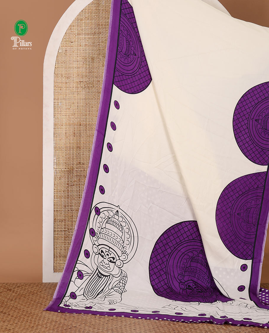 Cream printed semi-modal silk saree,  contrast violet border of kathakali motif enclosed semi-circle, kathakali printed pallu & printed blouse