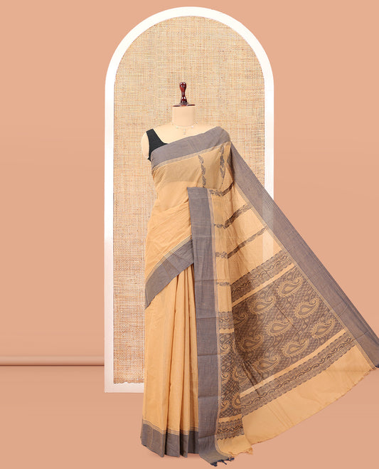 Sandal Kanchi Cotton Saree, Woven with Floral Designs, a Contrast Border, Paisley Pallu, and a Matching Blouse