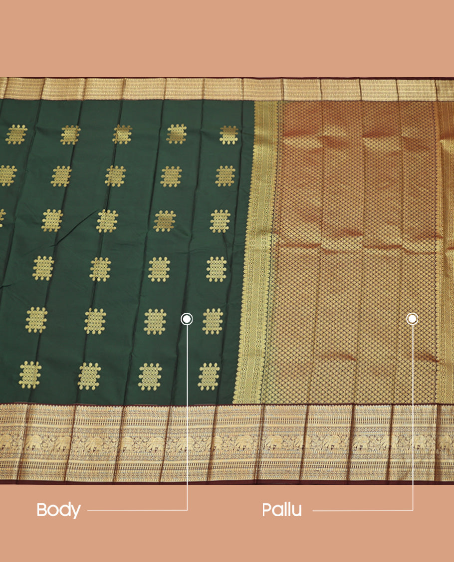 Green Budget Silk Saree, Finely Crafted with Kolam Buttas, Complemented by a Contrast Traditional Border, Grand Jaal Pallu, and a Contrast Blouse