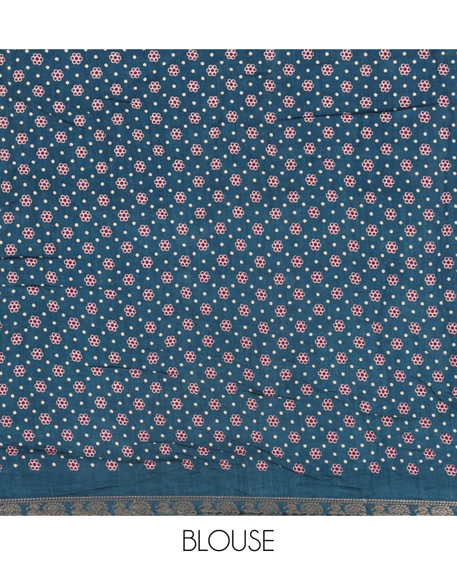 Purple shibori printed muslin cotton saree, contrast zari border of elephant motifs print, big elephant printed pallu, and a contrast printed blouse