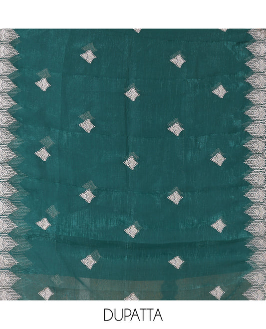 Peacock Green Crunchy Chiffon Material Chudiddar, Embroidered Top, Plain Bottom, Embroidered Scallop Dupatta