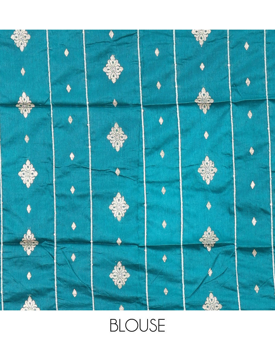 Rama green gold zari vertical striped dola silk saree, contrast traditional zari border of manga design, striped pallu & contrast diamond design blouse