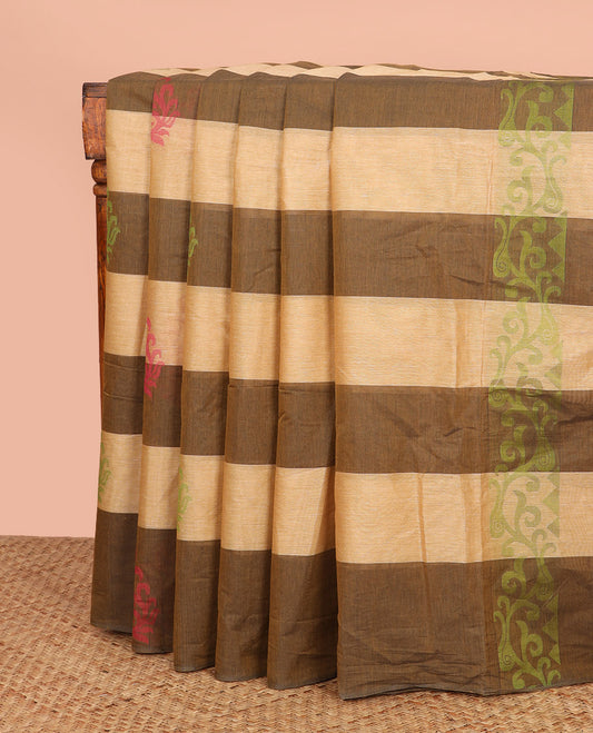 Borderless Brown and Sandal Coimbatore Cotton Saree Vibrantly Designed with Buttas All Over Its Body, Complemented by Pallu of Floral-Geometric Designs, and Paired with a Matching Blouse
