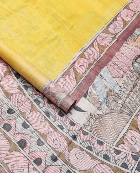 Maroon ogee design tussar saree with contrast floral design border & block floral print design pallu