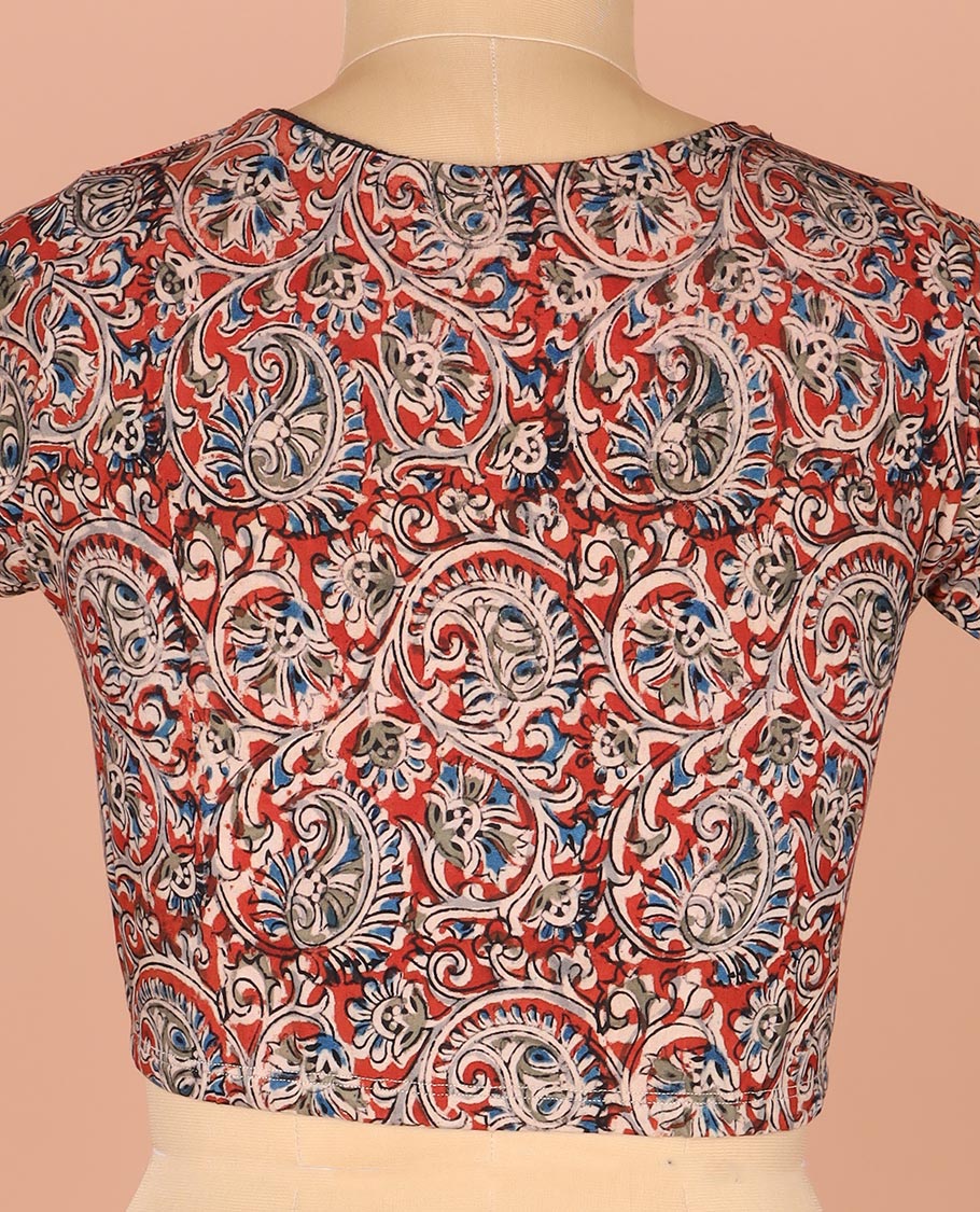 Red Readymade Blouse Finely Detailed with Floral-Paisley Motifs Print, Featuring Front Round Neck, Back Closed Neck, and Elbow Sleeves