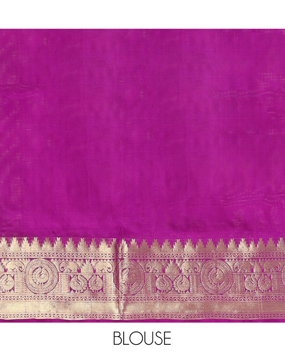 Sandal Venkatagiri Silk Saree, Masterfully Woven with Zari Buttas and Zari Stripes All Over Its Body, Complemented by a Contrast Temple Traditional Zari Border of Peacock and Elephant Designs, Grand Pallu of Jaal Designs, and Paired with a Contrast Blouse