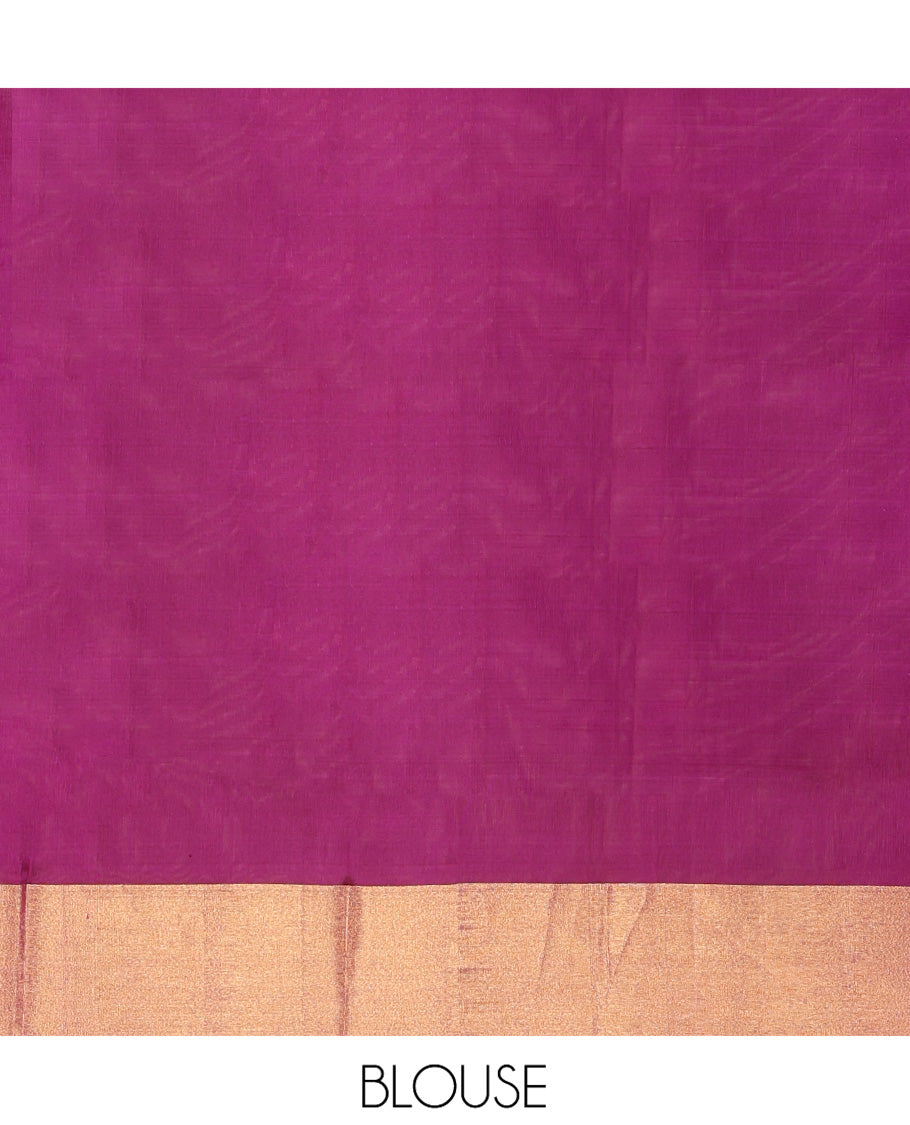 Orange Uppada Silk Saree, Sparsely Woven with Buttas All Over Its Body, Complemented by a Contrast Temple Border, Pallu Pictures Leaf Designs, and Paired with a Contrast Blouse