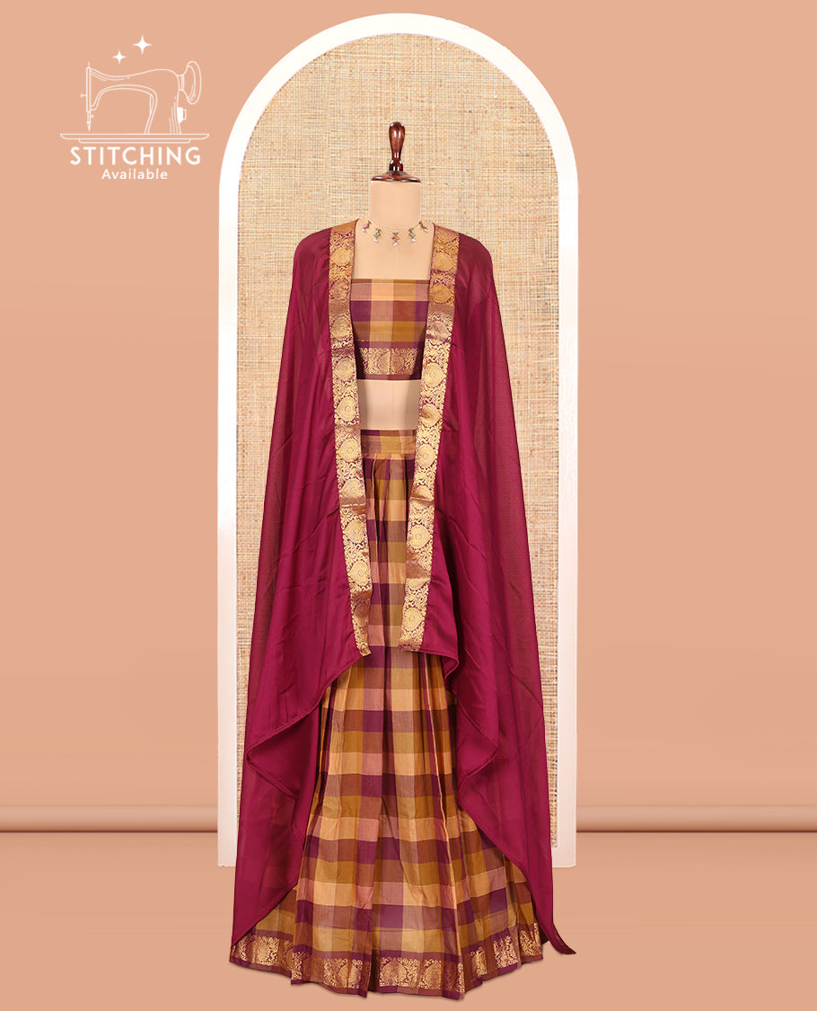 Multi-Color Checked Chettinad Cotton Half-Saree Showcasing a Zari Border, Matching Blouse, Contrast Dhavani