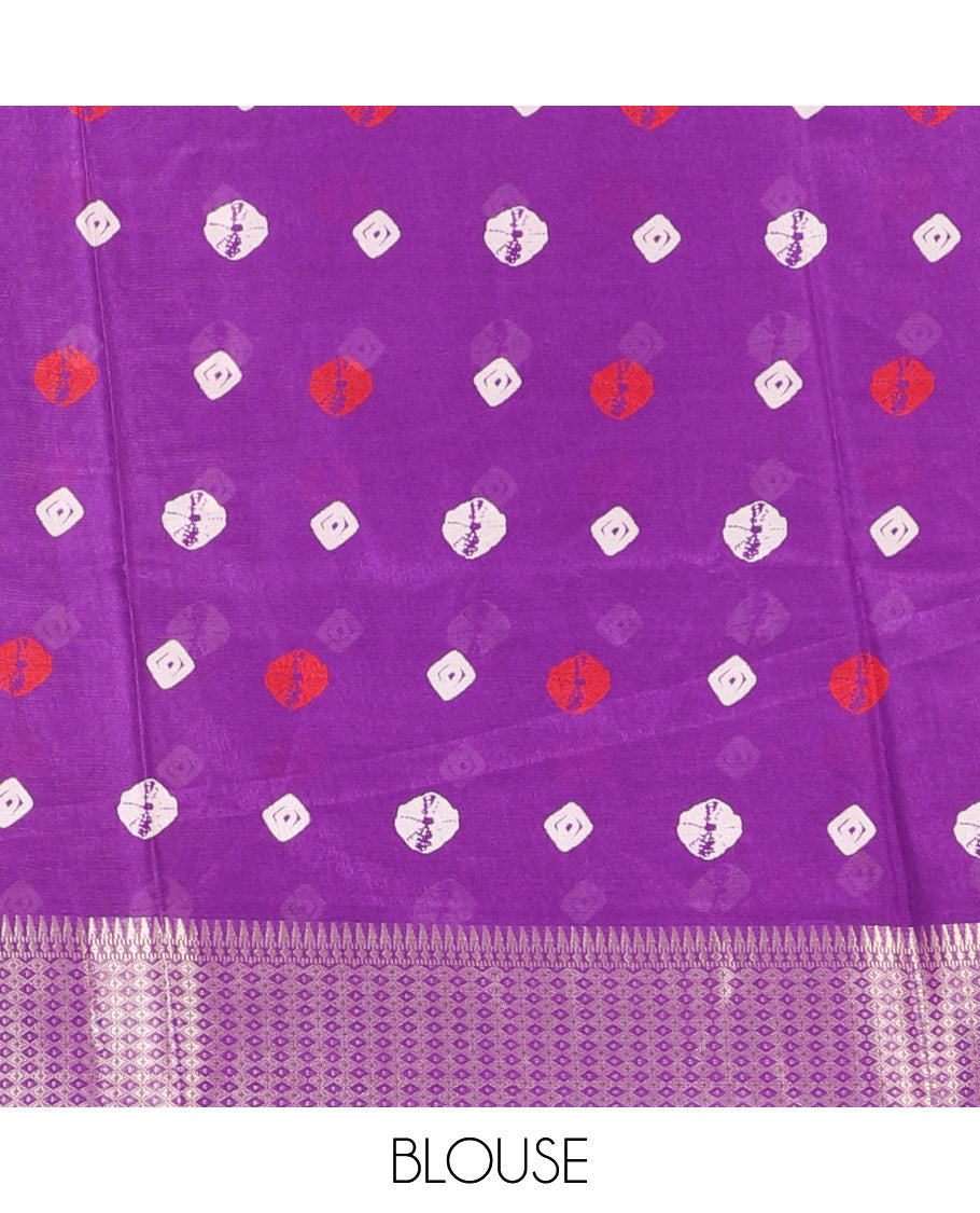 Violet shibori printed dola silk saree, traditional zari border, printed pallu, and blouse of print, and zari work