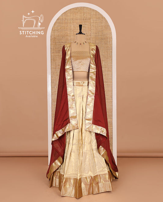 Chikku and maroon half-saree, zari checked with contrast traditional zari bordered banarasi skirt, jacquard blouse, and a contrast zari bordered syska georgette dhavani