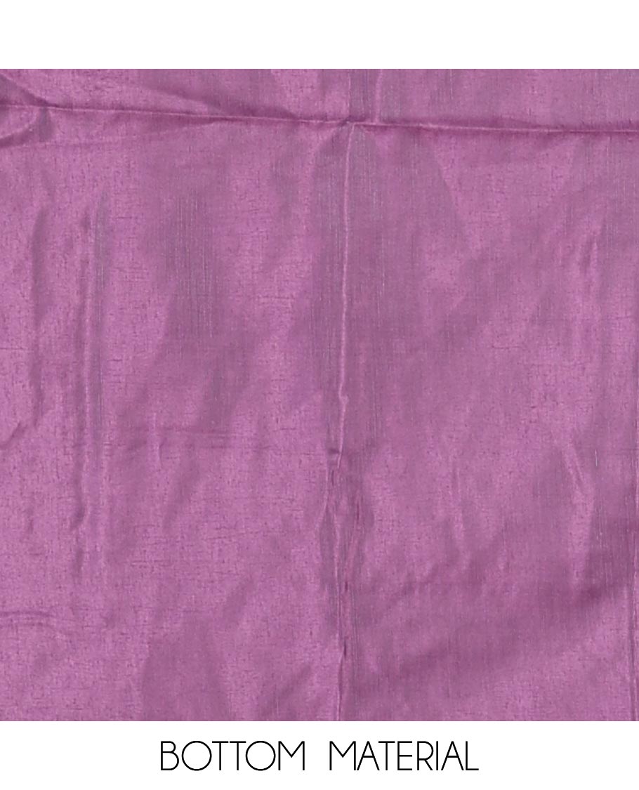 Lavender material chudidar set, plain with pom-pom tasseled mul chanderi top, a matching bottom, and organza dupatta of stripes