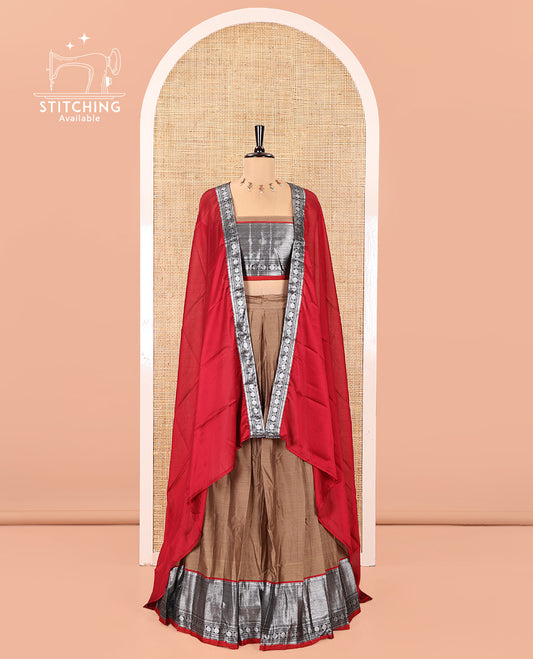 Chikku-Red Mercerised Cotton Half-Saree Features Plain with Contrast Traditional Zari Bordered Skirt, Paired with a Matching Blouse, and Comes with a Contrast Bordered Dhavani