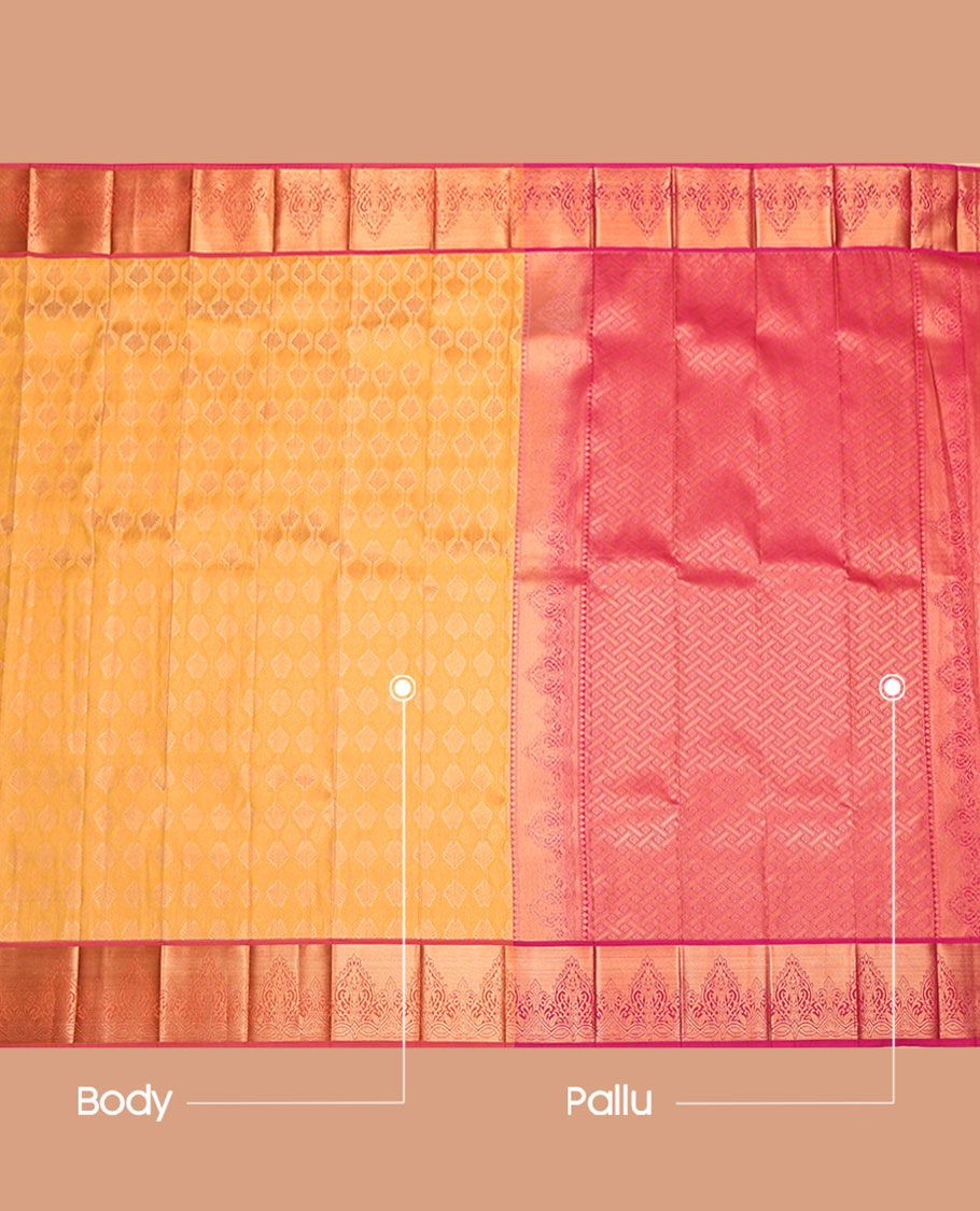 Yellow Budget Silk Saree, Sparsely Woven with Buttas, Complemented by a Contrast Traditional Zari Border, Grand Pallu, and a Contrast Blouse
