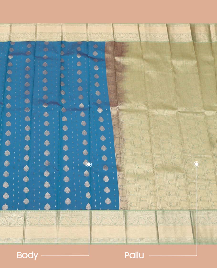 Blue Budget Silk Saree, Decked Up with Zari Buttas All Over Its Body, Complemented by a Contrast Traditional Zari Design Border, Intricately Designed Pallu, and Paired with a Contrast Blouse