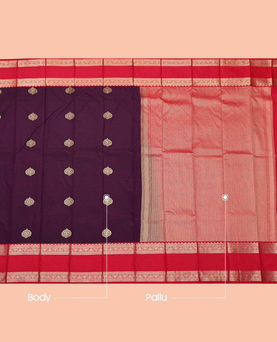 Wine Budget Silk Saree, Woven with Zari Buttas, Complemented by Contrast Traditional Zari Rettai Pettu Border, Grand Pallu and a Contrast Blouse