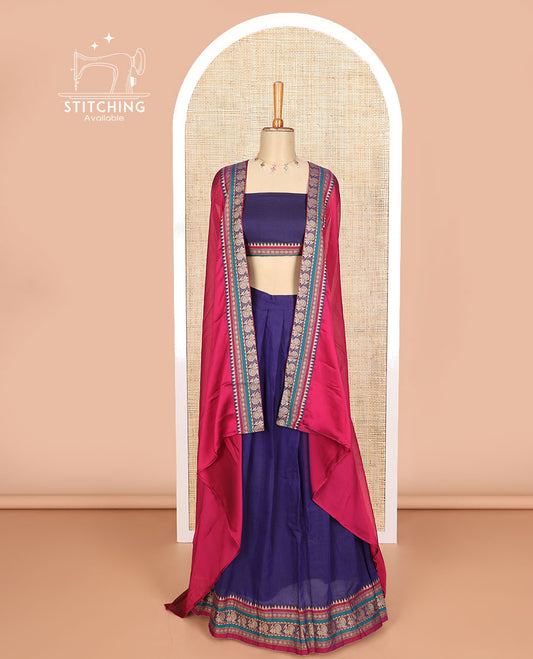 Blue cotton half saree with contrast zari design border, zari design blouse & plain , intricate zari design border dhavani