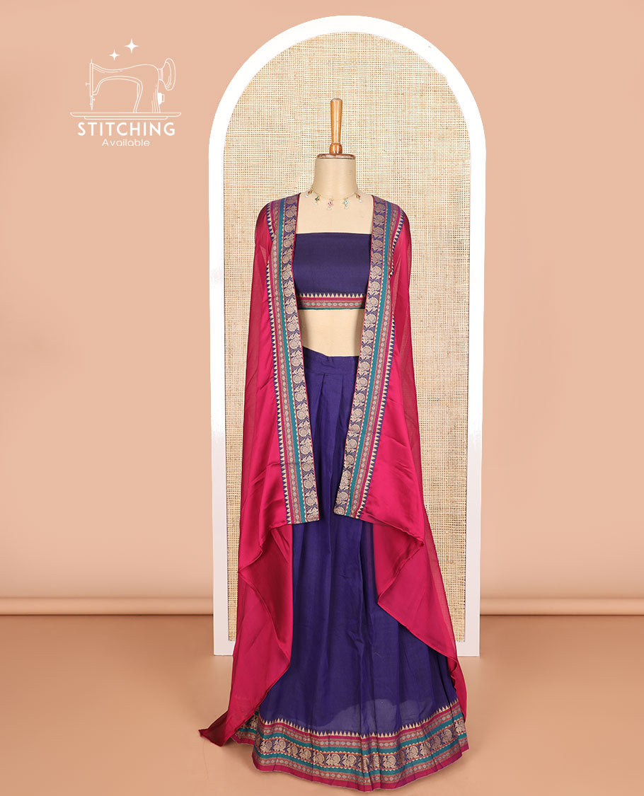 Blue cotton half saree with contrast zari design border, zari design blouse & plain , intricate zari design border dhavani
