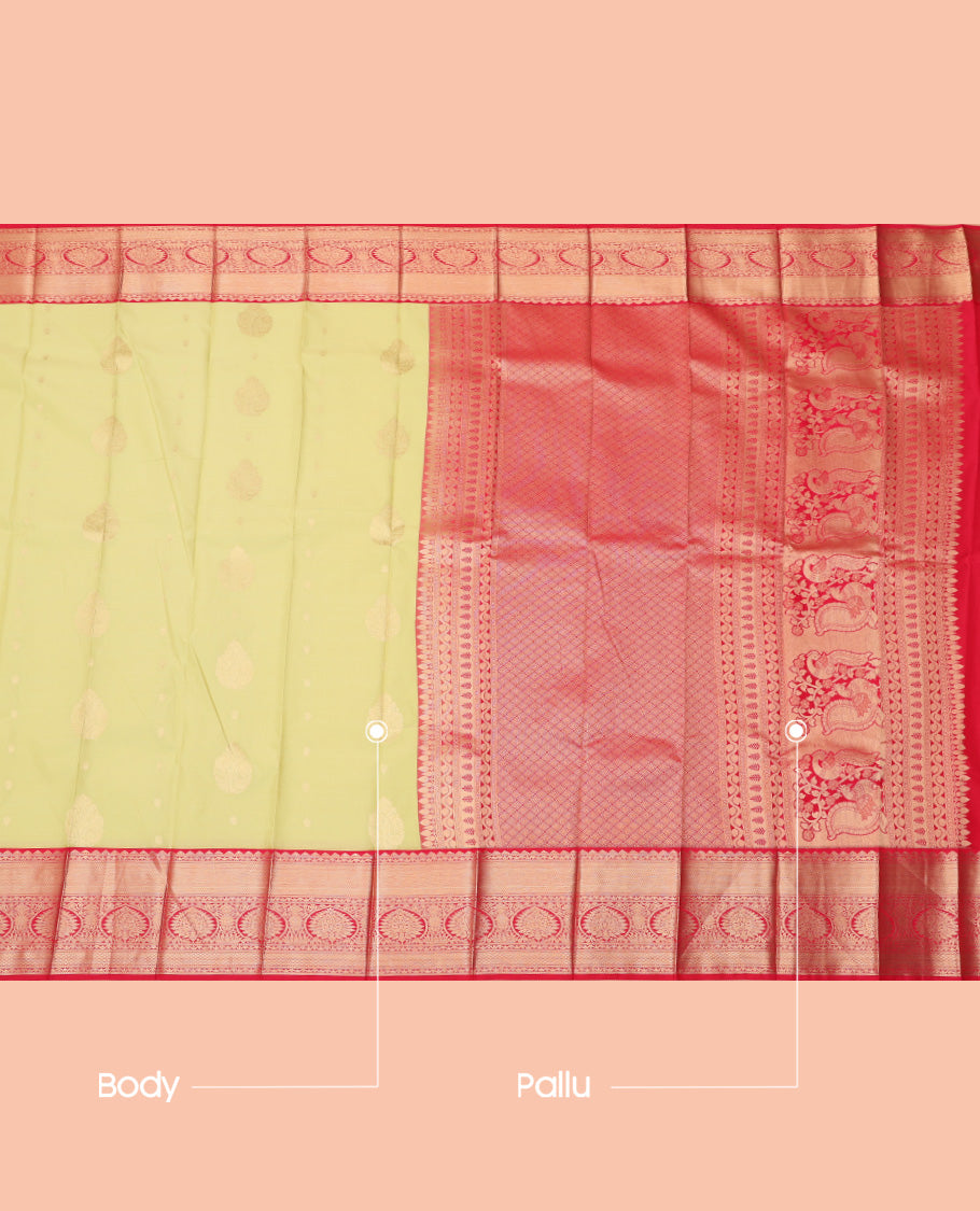 Green Budget Silk Saree, Mesmerized with Zari Buttas, a Contrast Traditional Zari Border, Jaal Pallu, and a Contrast Blouse