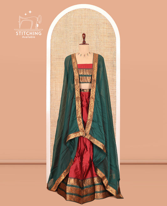 Red Semi-Banarasi Half-Saree Features Plain Skirt, Contrast Floral Creeper Zari Border, Matching Blouse, Contrast Dhavani