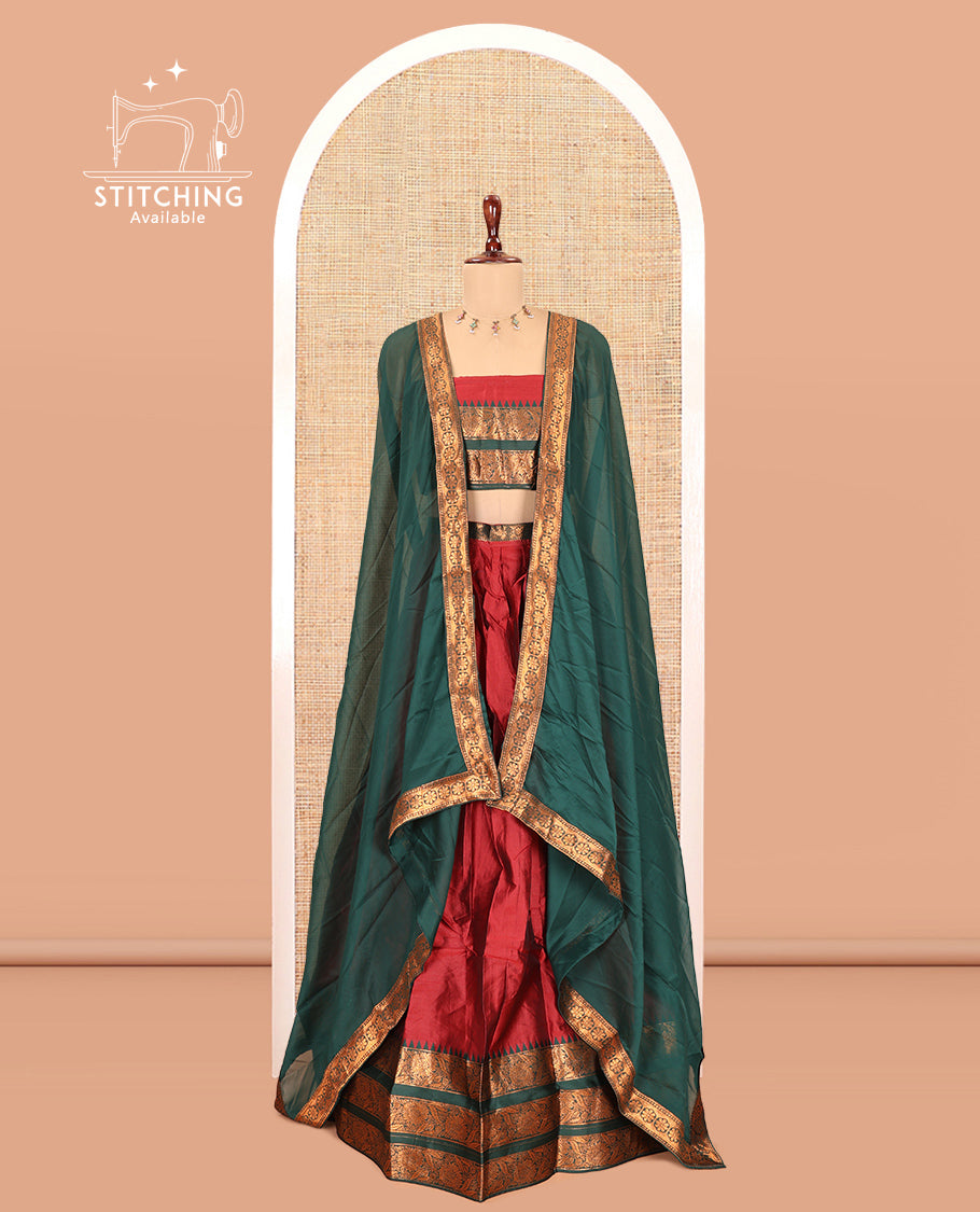 Red Semi-Banarasi Half-Saree Features Plain Skirt, Contrast Floral Creeper Zari Border, Matching Blouse, Contrast Dhavani