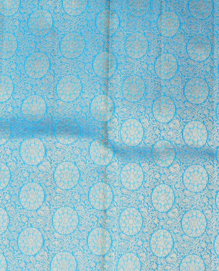 Blue round floral buttas pure silk half saree with contrast zari border,  contrast zari design blouse & plain with zari border dhavani